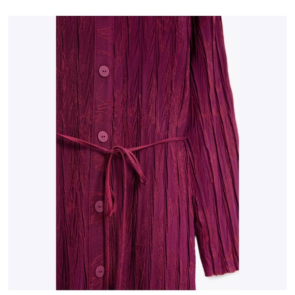 ZARA Jacquard Button Down Long Sleeve Midi Dress With Belt Women’s Large - Picture 2 of 10